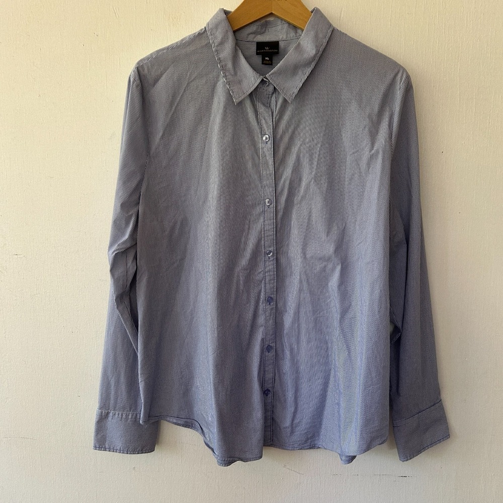 Worthington Collared Blouse Womens XL Blue Striped Button Front Corpcore Classic - Picture 1 of 6